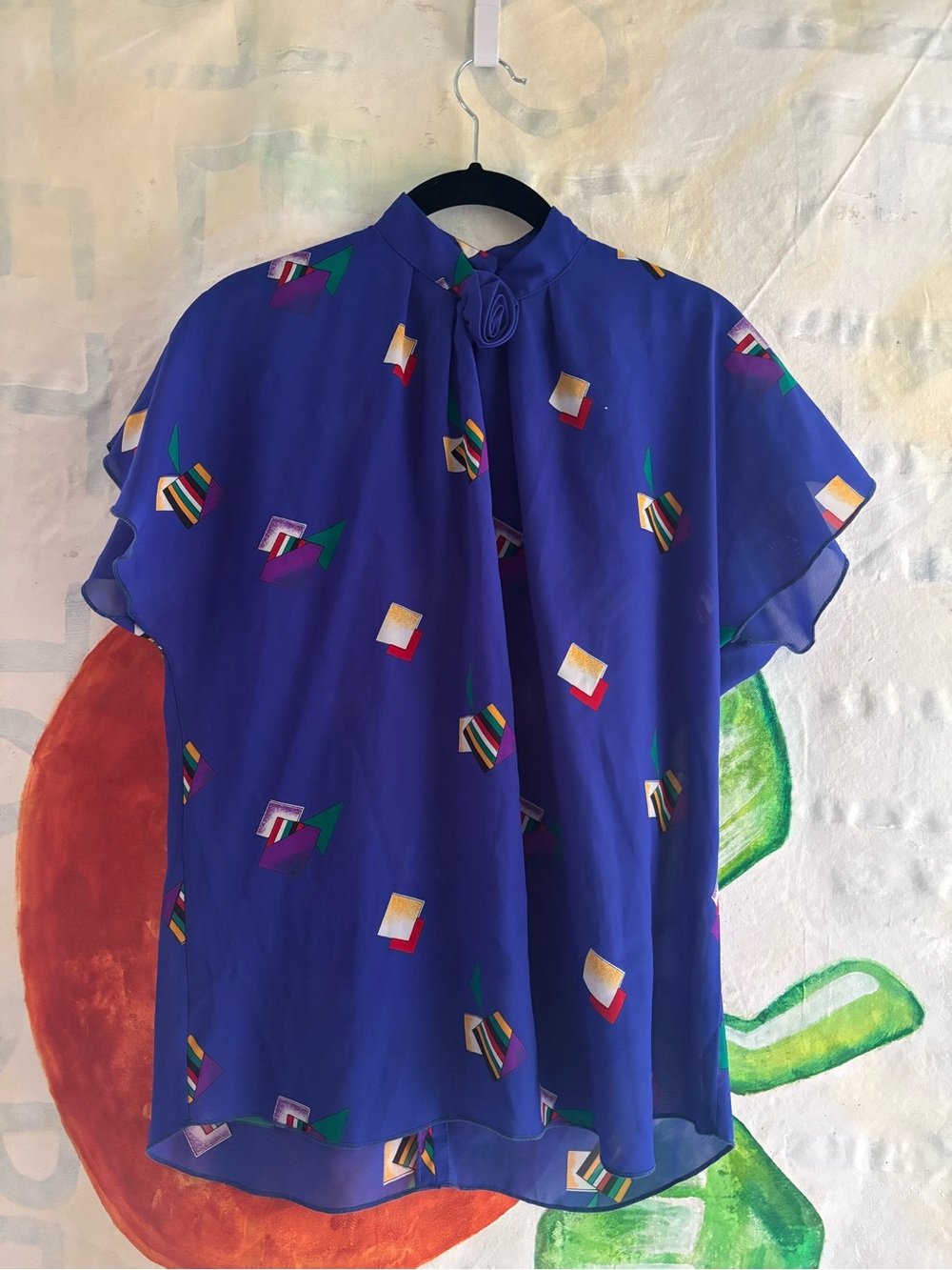 Vintage Royal Blue Geometric Print Blouse